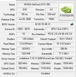 BFG GeForce GTS 250 OC 1GB width=