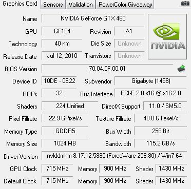 GIGABYTE GeForce GTX 460 1Gb width=