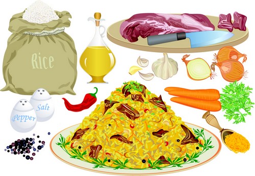 Pilaf and ingredients Vector Clipart width=