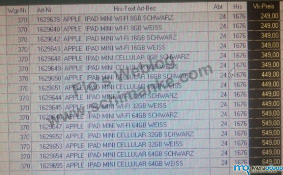 Apple iPad mini будет стоить от 249 до 649 евро width=