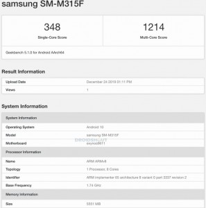 Смартфон Samsung  Galaxy M31 засветился в базе Geekbench