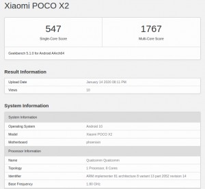 Смартфон Xiaomi Poco X2 засветился в базе Geekbench