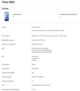 Vivo X80 появился в консоли Google Play