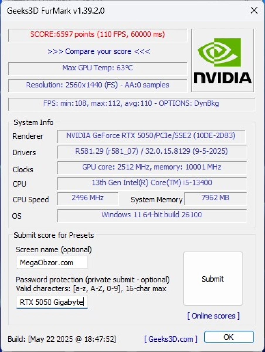 GIGABYTE GeForce RTX 5050 GAMING OC тесты
