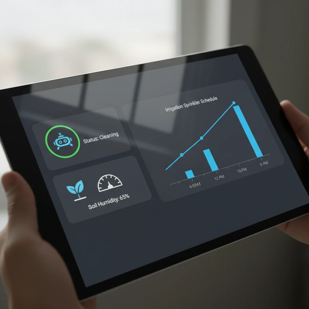 Скриншот интерфейса Home Assistant на планшете, показывающий статус робота, влажность почвы и график работы форсунок полива.