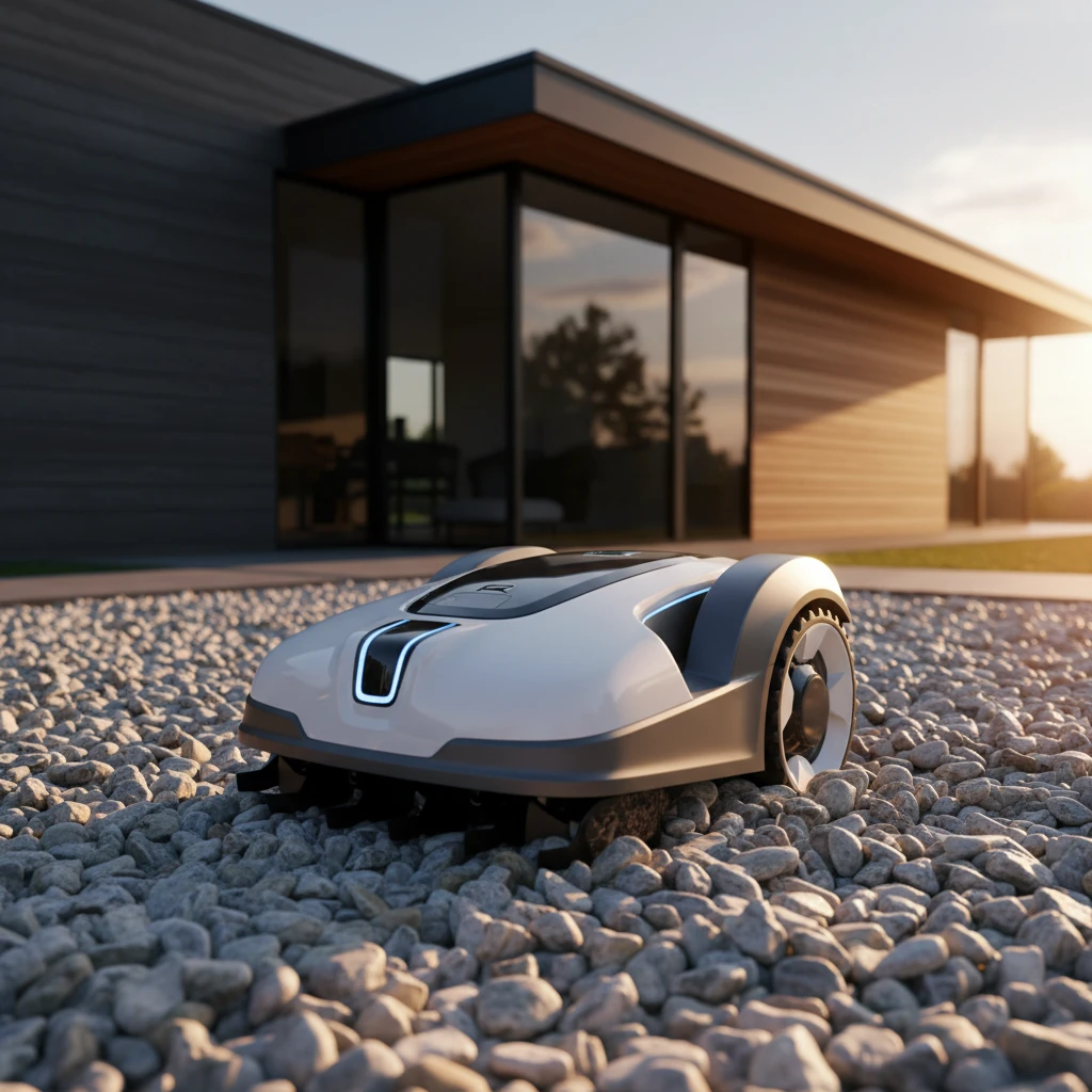 Крупный план застрявшего в дорогом декоративном гравии современного робота-газонокосилки, на фоне стильного современного дома. Фото в стиле hi-tech с драматичным освещением.