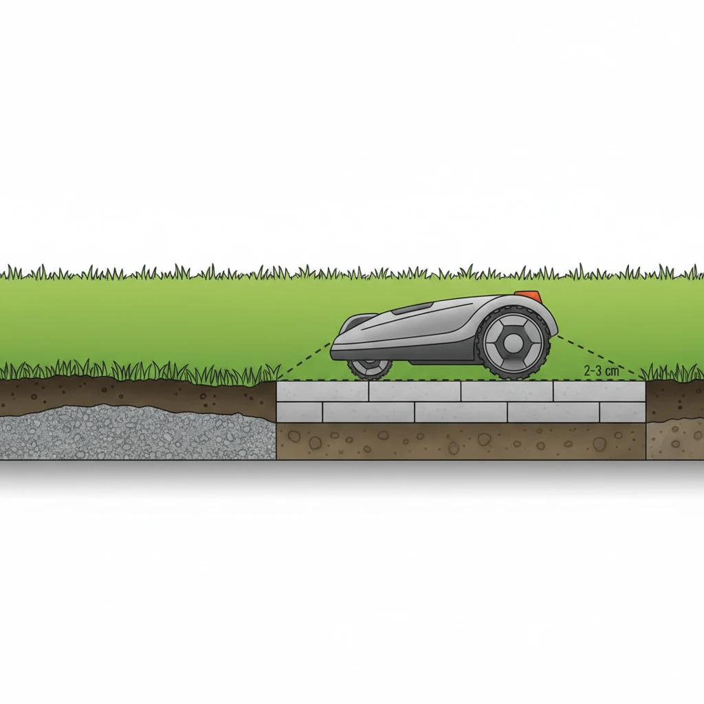 Инфографика: схема укладки бордюрного камня вровень с газоном (Flush edge) с указанием заступа ножей робота.