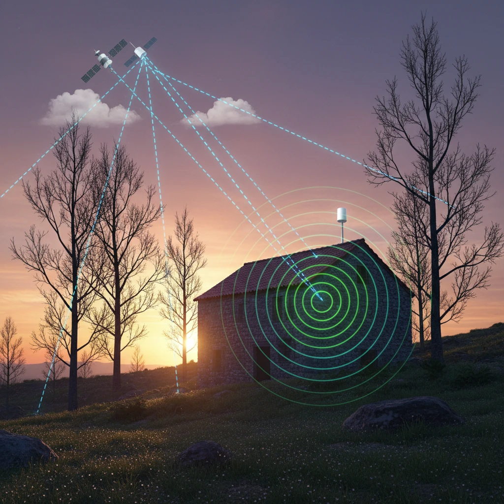 Визуализация сигнала RTK-GPS: лучи от спутников проходят сквозь редкую крону, но блокируются плотной стеной дома. Схема идеального размещения базовой станции на коньке крыши.