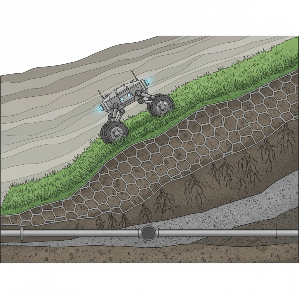 Чертеж разреза склона с использованием скрытой георешетки, заполненной грунтом и засеянной травой, по которой уверенно идет робот.