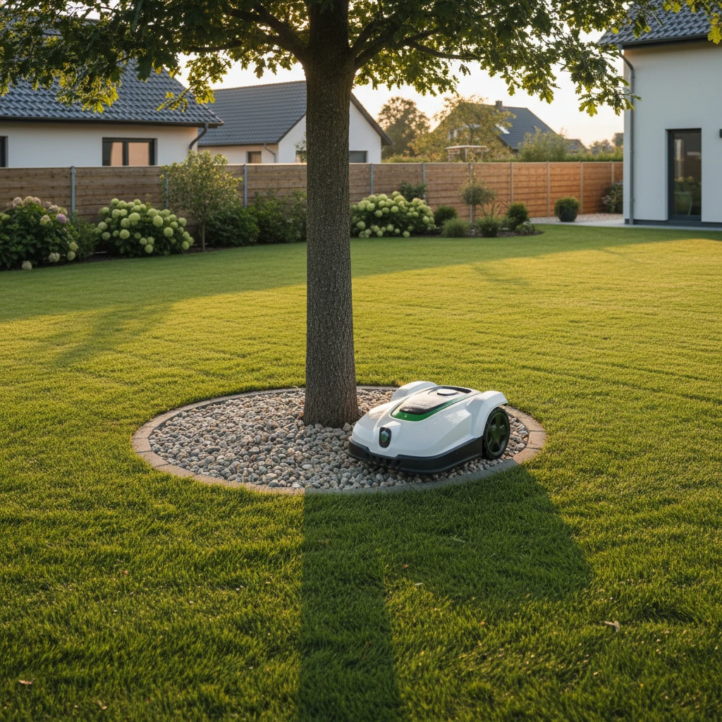 Робот-газонокосилка аккуратно объезжает приствольный круг дерева, засыпанный мелким галечником, ограниченный скрытым бордюром.